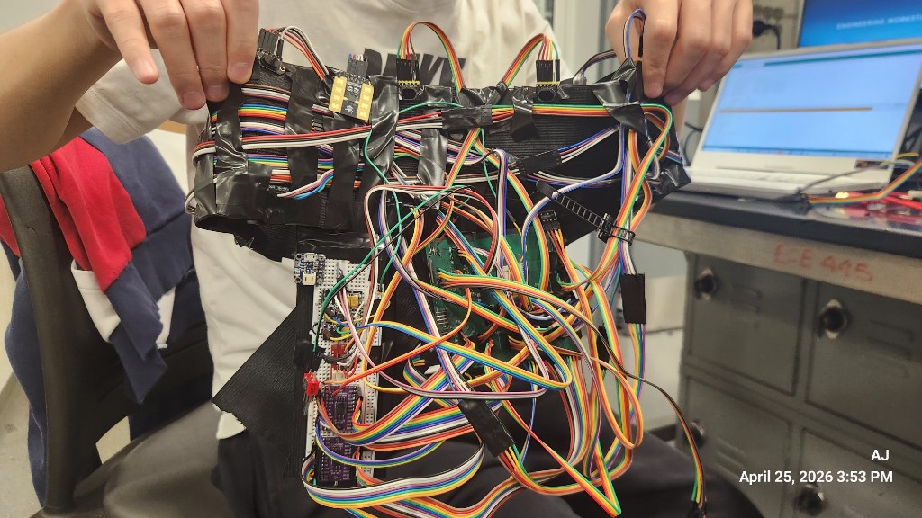 Inside view of the OmniSense-Dual waist module showing its controller boards and wiring.